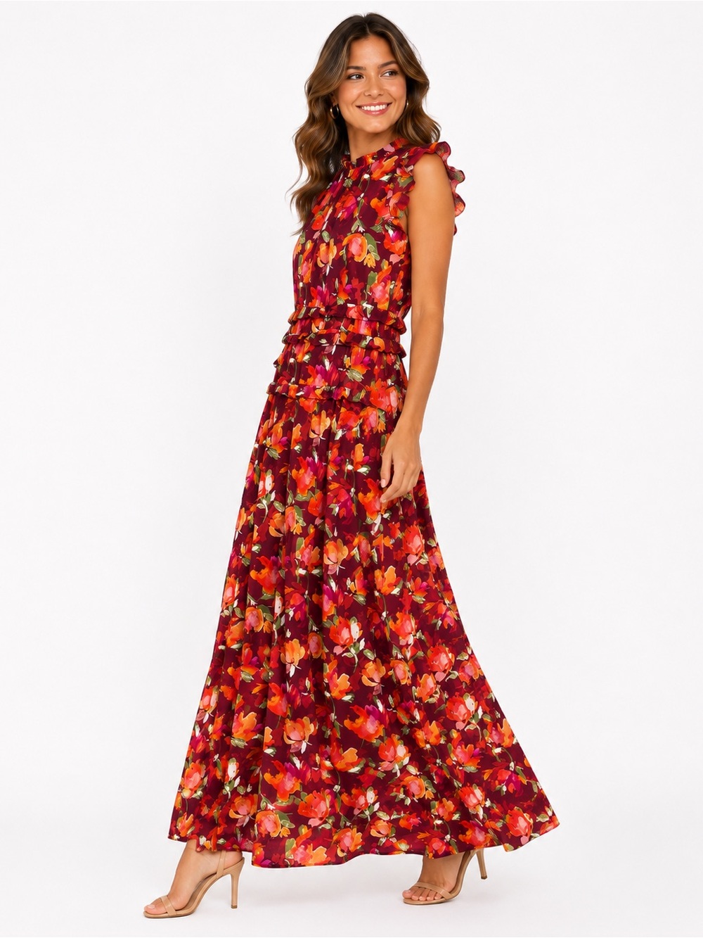 Vince Camuto Chiffon Floral Ruffle Maxi Dress Burgundy NWT Wedding Guest Size - Picture 4 of 11